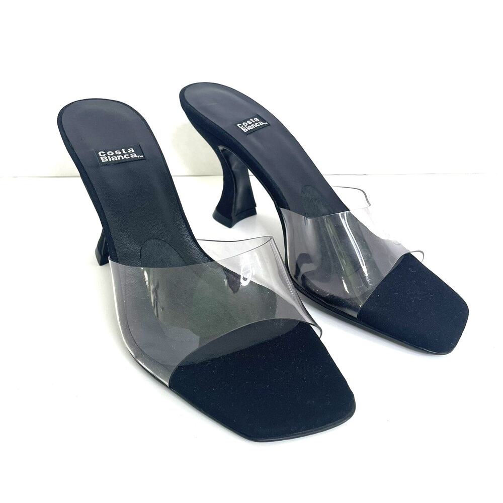 Costablanca Black High Heel Evening Sandal Clear Vinyl Strap Women's Size 6 Med
